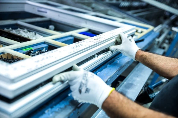 Mann mit weißen Handschuhen hält einen Fensterrahmen