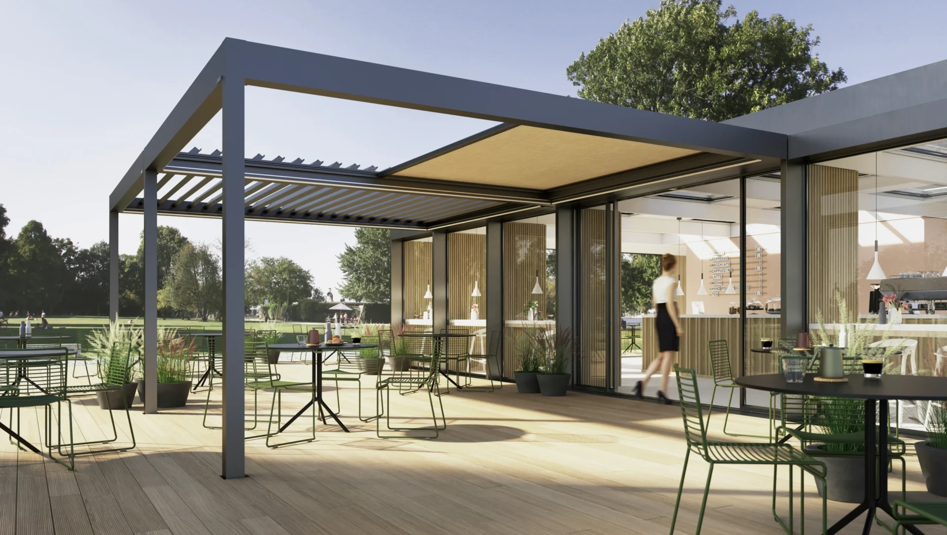 Moderne Terrasse mit Pergola und stilvollen Gartenmöbeln